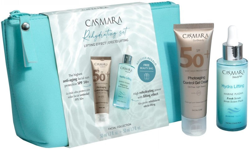 Veido priežiūros priemonių rinkinys Casmara Rehydrating Set CASAL2401, rinkinį sudaro: drėkinamasis serumas veido odai 50 ml, gelinės konsistencijos kremas veido odai 50 ml, kosmetinė