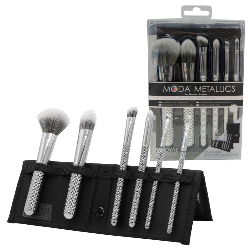 Moda Metallics MSETTF7SL Makeup Brush Set, Set of 6 Makeup Brushes and Case, Silver