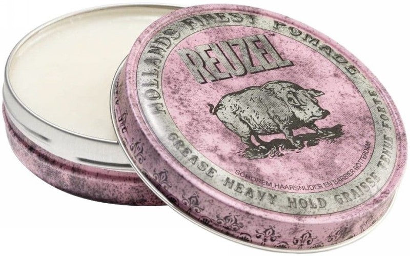 Pomada plaukų formavimui REUZEL Pink Grease Heavy Hold Pomade REU008, stipri fiksacija, vidutinis blizgesys, 35 g