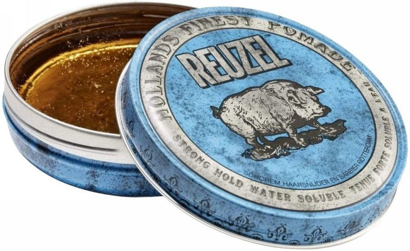 Pomada plaukų formavimui REUZEL Blue Strong Hold Water Soluble High Shine Pomade REU010, stipri fiksacija, intensyvus blizgesys, 35 g