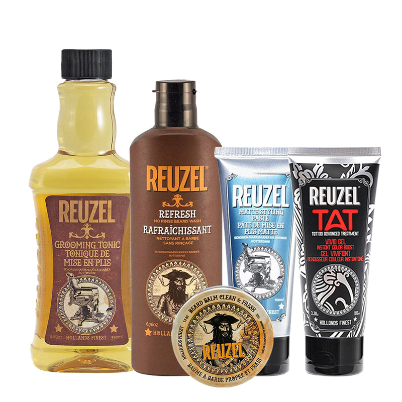 Barzdos priežiūros priemonių rinkinys REUZEL Routine Beard REURRTNBD, rinkinį sudaro: tonikas plaukams 350 ml, nenuplaunamas šampūnas barzdai 200 ml, pasta plaukų formavimui 100 ml, tatuiruočių gelis 100 ml ir balzamas barzdai 35 g