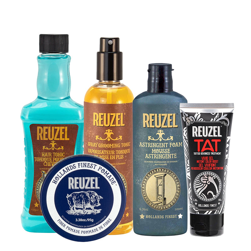Plaukų formavimo priemonių rinkinys REUZEL Routine Style REURRTNST, rinkinį sudaro: purškiamas tonikas plaukams 355 ml, tonikas plaukams 350 ml, putos veidui 200 ml, tatuiruočių gelis 100 ml ir  pomada plaukams 113 g
