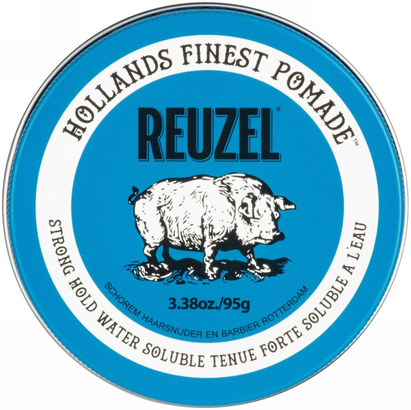 Pomada plaukų formavimui REUZEL Blue Strong Hold Water Soluble HS Pomade REU211, stipri fiksacija, intensyvus blizgesys, 95 g
