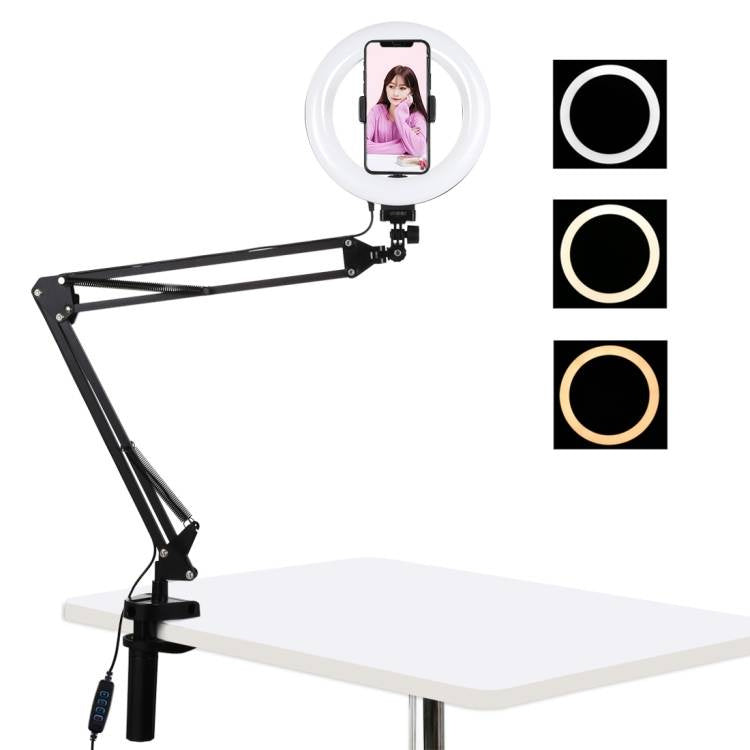 Desktop arm stand Puluz with 20cm LED Vlogging Ring PKT3089B, Lampa pierścieniowa / statyw biurkowy na klips Puluz LED 20 cm vlog / stream na telefon PKT3089B