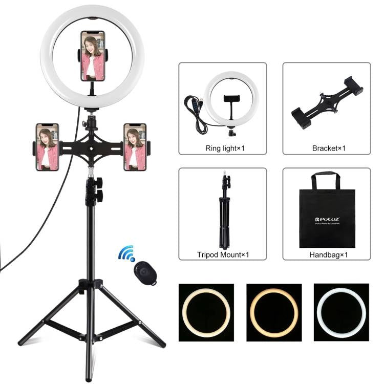 Tripod Mount Puluz with 26cm LED Ring Vlogging 1,1m  PKT3070B, Lampa pierścieniowa / statyw PULUZ LED 26cm 3x Smartfon PKT3070B