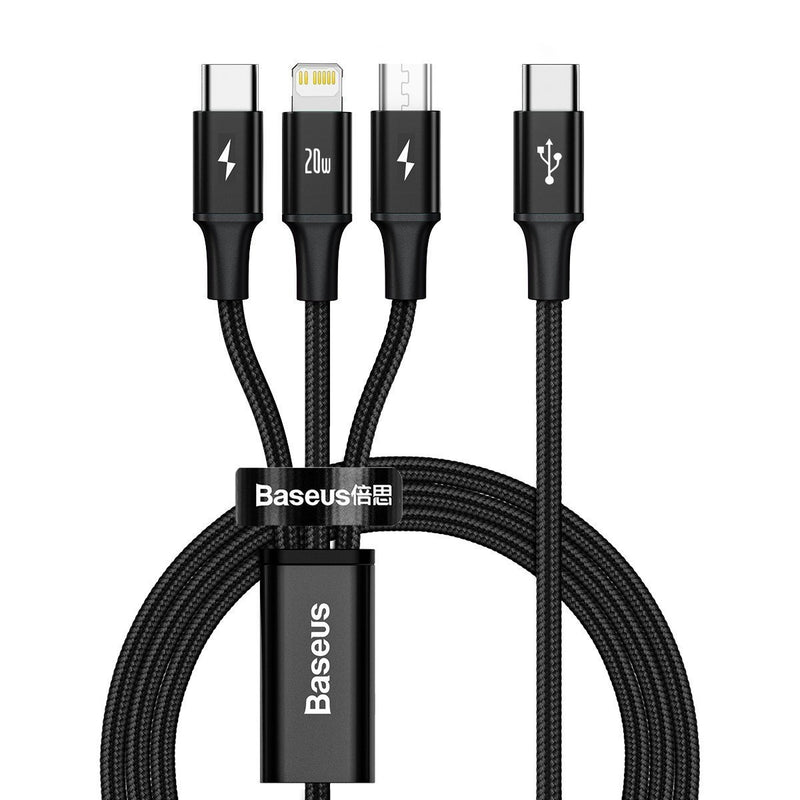 Baseus Rapid Series 3-in-1 cable USB-C For M+L+T 20W 1.5m Black, Kabel USB 3w1 Baseus Rapid Series, micro USB / Lightning / USB-C, 20W, 1.5m (czarny)