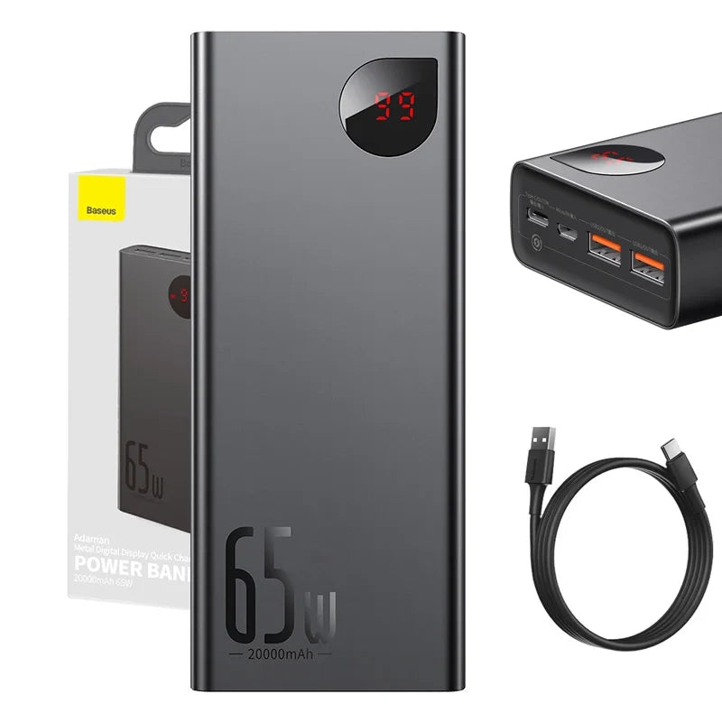 Powerbank Baseus Adaman Metal 20000mAh PD QC 3.0 65W 2xUSB + USB-C + micro USB (Black), Powerbank Baseus Adaman Metal 20000mAh, PD, QC 3.0, 65W, 2xUSB + USB-C + micro USB, (czarny)