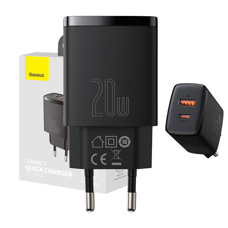 Baseus Compact Quick Charger, USB, USB-C, 20W (black), Ładowarka sieciowa Baseus Compact Quick Charger, USB, USB-C, 20W (czarna)