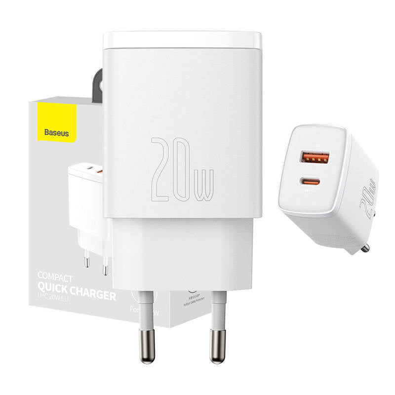 Baseus Compact Quick Charger, USB, USB-C, 20W (white), Ładowarka sieciowa Baseus Compact Quick Charger, USB, USB-C, 20W (biała)