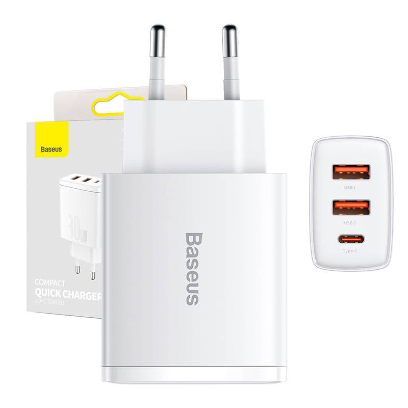 Ładowarka sieciowa Baseus Compact Quick Charger, 2xUSB, USB-C, PD, 3A, 30W (biała), Ładowarka sieciowa Baseus Compact Quick Charger, 2xUSB, USB-C, PD, 3A, 30W (biała)