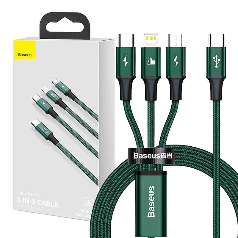 Baseus Rapid Series 3-in-1 cable USB-C For M+L+T 20W 1.5m (Green ), Kabel USB-C 3w1 Baseus Rapid Series, micro USB / Lightning / USB-C, 20W, 1.5m (zielony)
