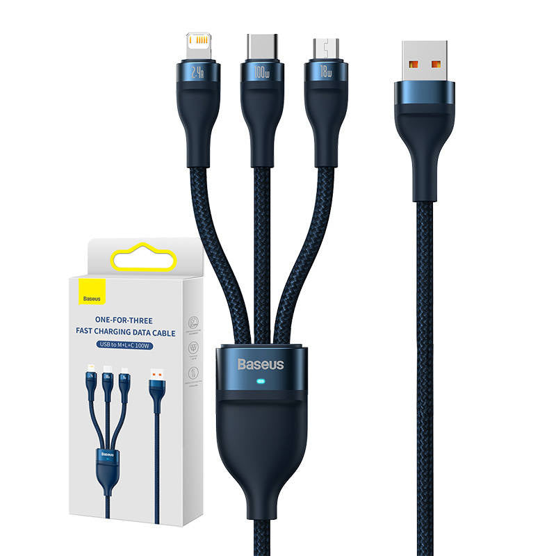 3in1 USB cable Baseus Flash Series, USB-C + micro USB + Lightning, 100W, 1.2m (blue), Kabel USB 3w1 Baseus Flash Series, USB-C + micro USB + Lightning, 100W, 1.2m (niebieski)