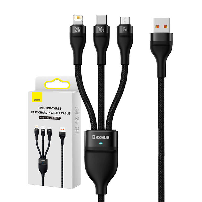 3in1 USB cable Baseus Flash Series, USB-C + micro USB + Lightning, 100W, 1.2m (black), Kabel USB 3w1 Baseus Flash Series, USB-C + micro USB + Lightning, 100W, 1.2m (czarny)