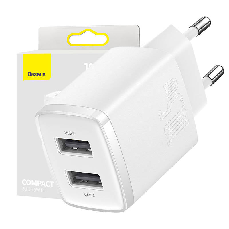 Baseus Compact Quick Charger, 2x USB, 10.5W (white), Ładowarka sieciowa Baseus Compact Quick Charger, 2x USB, 10.5W (biała)