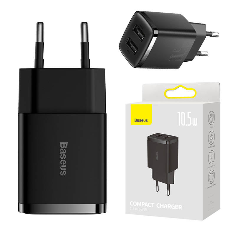 Baseus Compact Quick Charger, 2x USB, 10.5W (black), Ładowarka sieciowa Baseus Compact Quick Charger, 2x USB, 10.5W (czarna)
