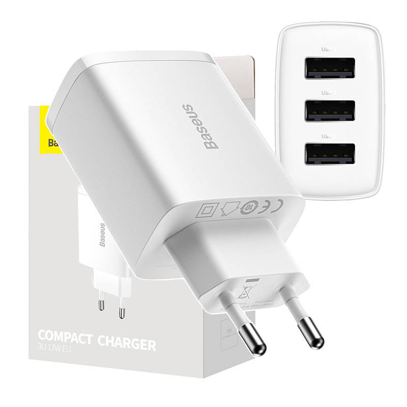 Baseus Compact Quick Charger, 3x USB, 17W (White), Ładowarka sieciowa Baseus Compact Quick Charger, 3x USB, 17W (biała)