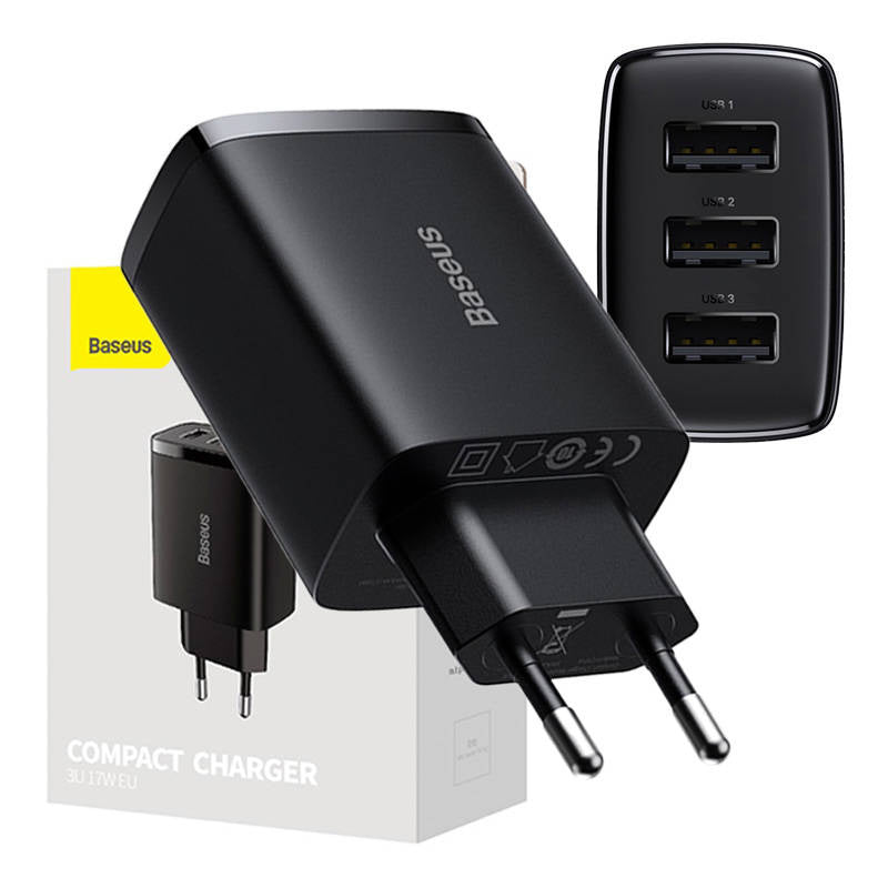 Baseus Compact Quick Charger, 3x USB, 17W (Black), Ładowarka sieciowa Baseus Compact Quick Charger, 3x USB, 17W (czarna)