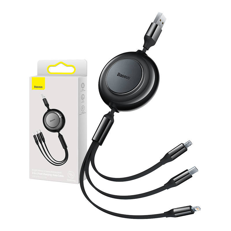 Baseus Bright Mirror 2, USB 3-in-1 cable for micro USB / USB-C / Lightning 3.5A 1.1m (Black), Kabel USB 3w1 Baseus Bright Mirror 2, micro USB / Lightning / USB-C, płaski, 3.5A, 1.1m (czarny)
