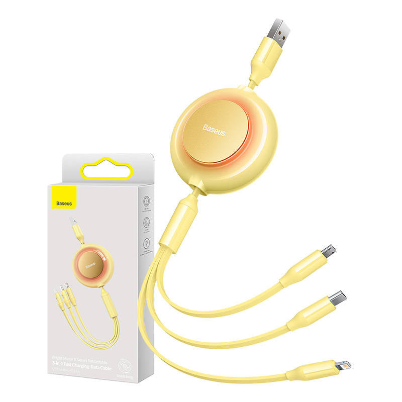 Baseus Bright Mirror 2, USB 3-in-1 cable for micro USB / USB-C / Lightning 3.5A 1.1m (Yellow), Kabel USB 3w1 Baseus Bright Mirror 2, micro USB / Lightning / USB-C, płaski, 3.5A, 1.1m (żółty)