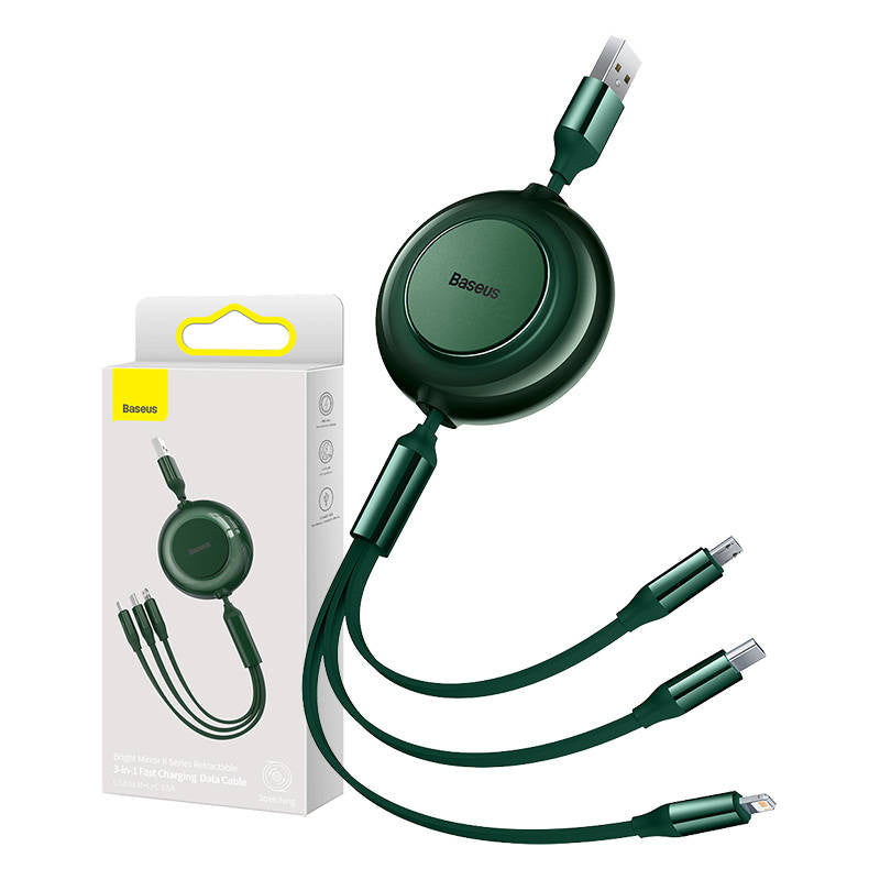 Baseus Bright Mirror 2, USB 3-in-1 cable for micro USB / USB-C / Lightning 3.5A 1.1m (Green), Kabel USB 3w1 Baseus Bright Mirror 2, micro USB / Lightning / USB-C, płaski, 3.5A, 1.1m (zielony)