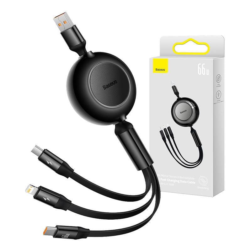 Baseus Bright Mirror 3, USB 3-in-1 cable for micro USB / USB-C / Lightning 66W / 2A 1.1m (Black), Kabel USB 3w1 Baseus Bright Mirror 3, micro USB / Lightning / USB-C, 66W / 2A, 1.1m (czarny)