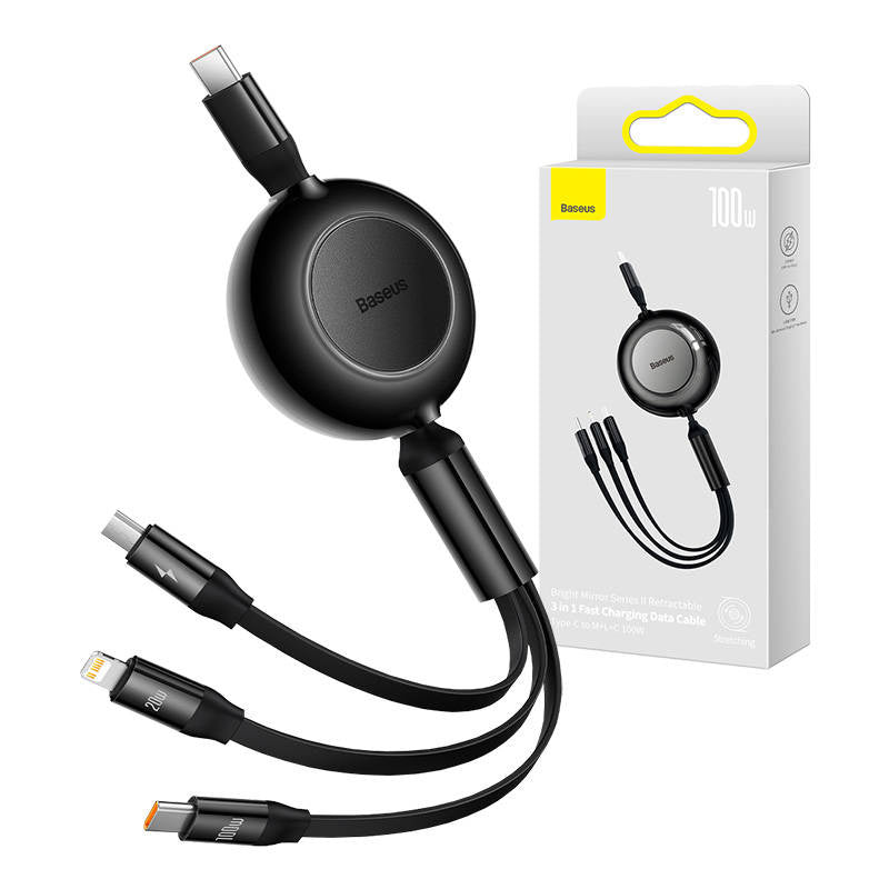 Baseus Bright Mirror 4, USB-C 3-in-1 cable for micro USB / USB-C / Lightning 100W / 3.5A 1.1m (Black), Kabel USB-C 3w1 Baseus Bright Mirror 4, micro USB / Lightning / USB-C, 100W / 3.5A, 1.1m (czarny)