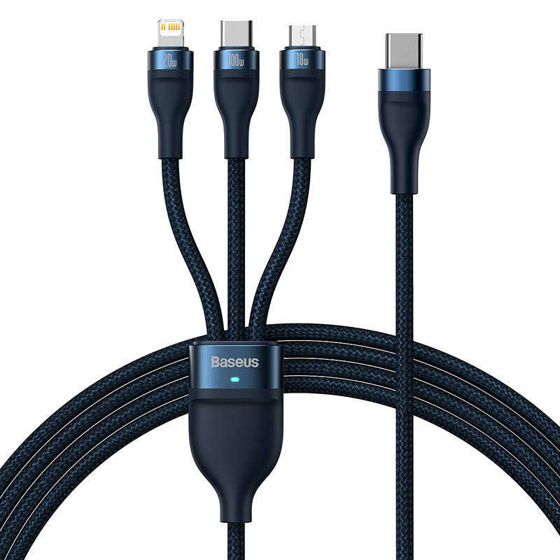 3in1 USB cable Baseus Flash Series 2, USB-C + micro USB + Lightning, 100W, 1.5m (blue), Kabel USB 3w1 Baseus Flash Series 2, USB-C + micro USB + Lightning, 100W, 1.5m (niebieski)