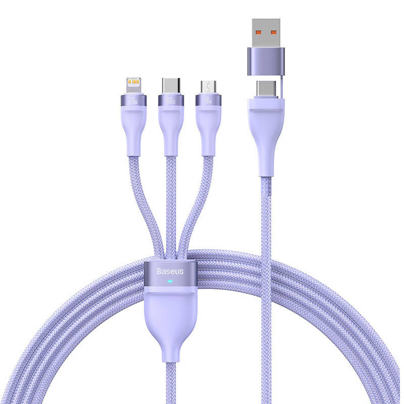 3in1 USB cable Baseus Flash Series 2, USB-C + micro USB + Lightning, 100W, 1.2m (purple), Kabel USB 3w1 Baseus Flash Series 2, USB-C + micro USB + Lightning, 100W, 1.2m (fioletowy)