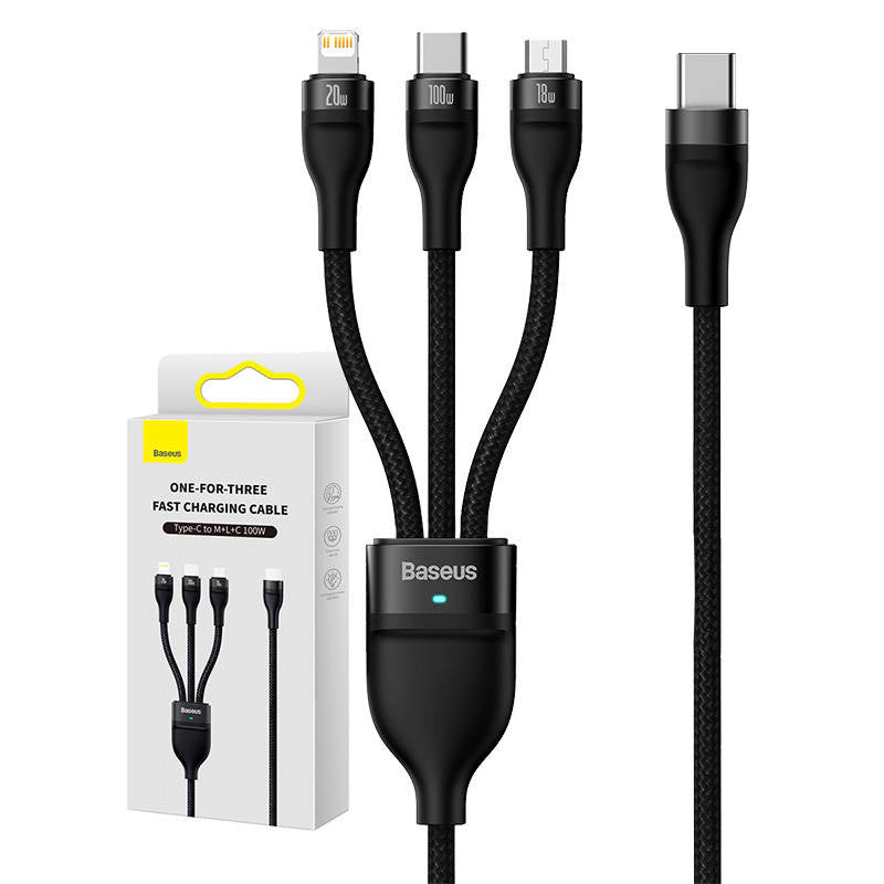 3in1 USB cable Baseus Flash Series 2, USB-C + micro USB + Lightning, 100W, 1.5m (black), Kabel USB 3w1 Baseus Flash Series 2, USB-C + micro USB + Lightning, 100W, 1.5m (czarny)