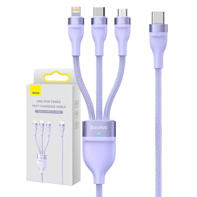 3in1 USB cable Baseus Flash Series 2, USB-C + micro USB + Lightning, 100W, 1.5m (purple), Kabel USB 3w1 Baseus Flash Series 2, USB-C + micro USB + Lightning, 100W, 1.5m (fioletowy)