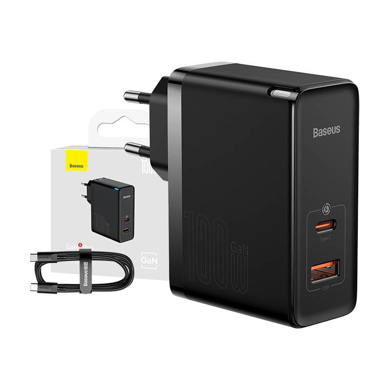 Wall charger Baseus GaN USB-C + USB, 100W + 1m cable (black), Ładowarka sieciowa Baseus GaN5 Pro, USB-C + USB, 100W + kabel (czarna)