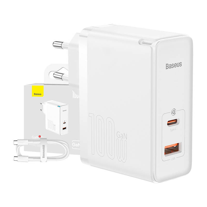 Wall charger Baseus GaN5 Pro USB-C + USB, 100W + 1m cable (white), Ładowarka sieciowa Baseus GaN5 Pro, USB-C + USB, 100W + kabel (biała)