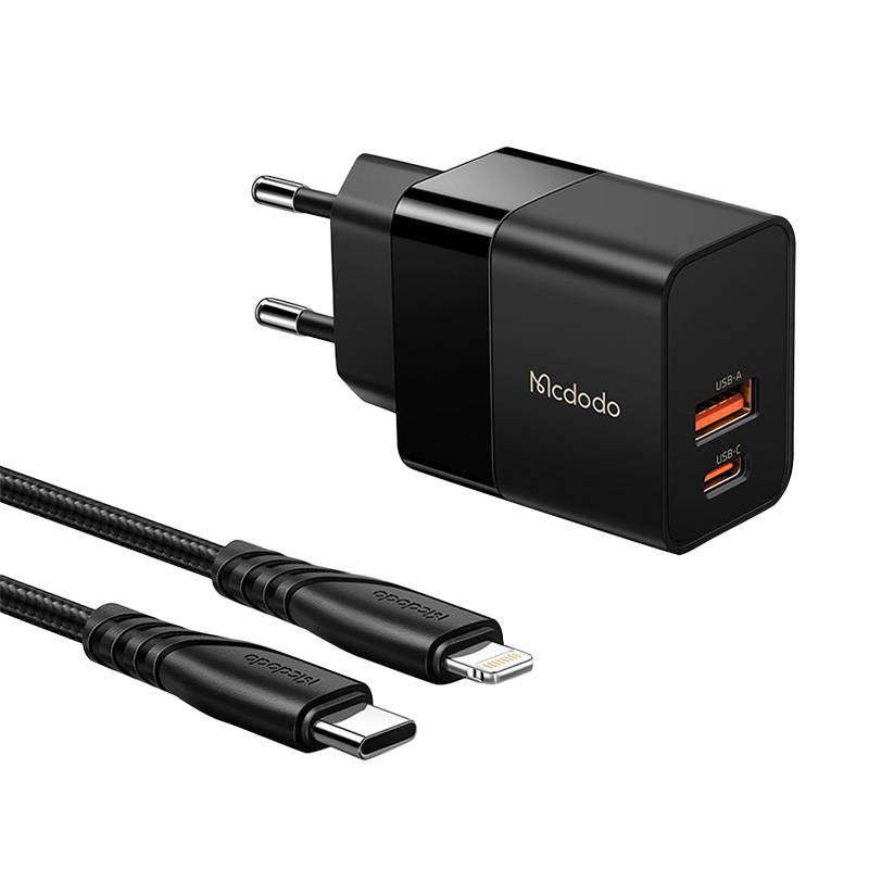 Wall charger Mcdodo CH-1952 USB + USB-C, 20W + USB-C to Lightning cable (black), Ładowarka sieciowa Mcdodo CH-1952 USB + USB-C, 20W + kabel USB-C do Lightning (czarna)