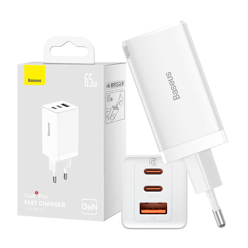 Wall charger Baseus GaN5 Pro 2xUSB-C + USB, 65W (white), Ładowarka sieciowa Baseus GaN5 Pro 2xUSB-C + USB, 65W (biała)