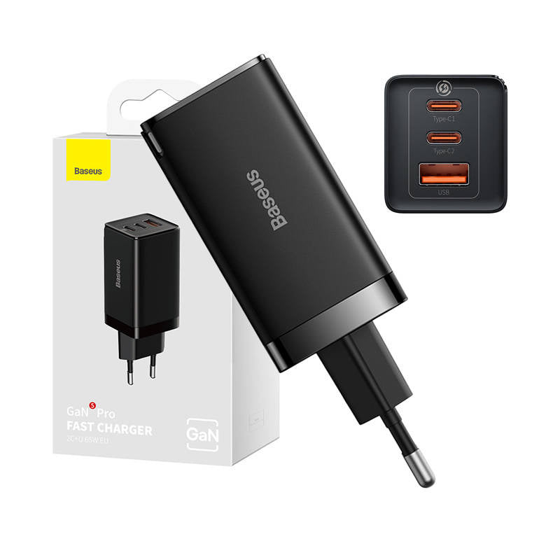 Wall charger Baseus GaN5 Pro 2xUSB-C + USB, 65W (black), Ładowarka sieciowa Baseus GaN5 Pro 2xUSB-C + USB, 65W (czarna)