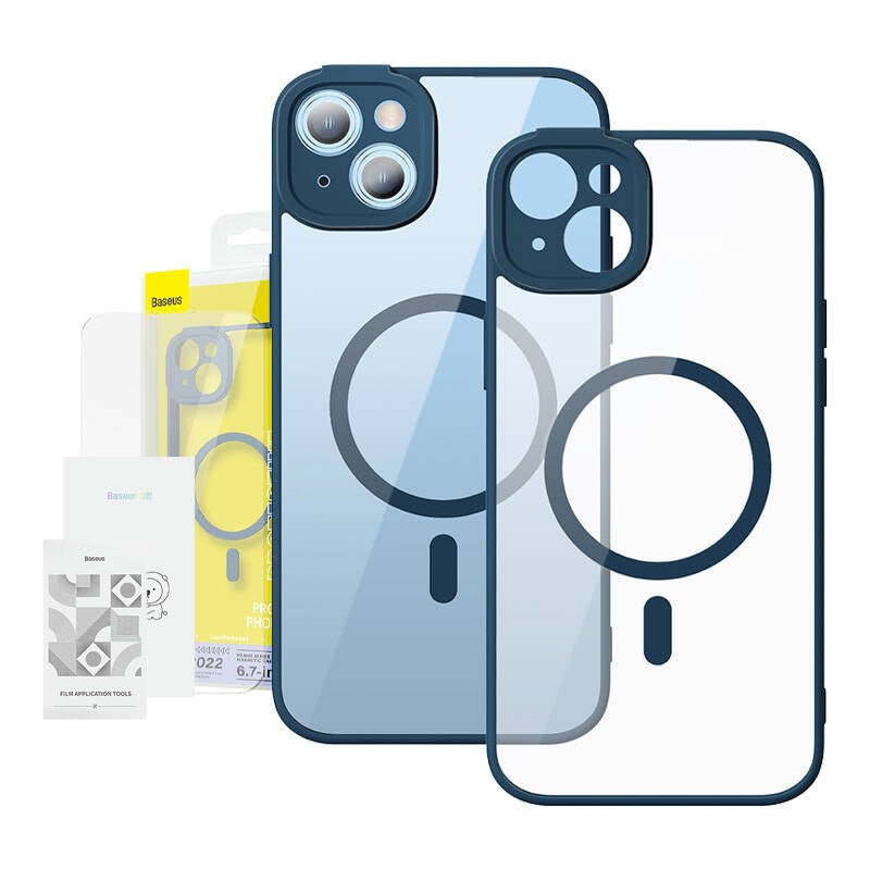 Baseus Frame Transparent Magnetic Case and Tempered Glass set for iPhone 14 Plus (blue), Zestaw ochronny Baseus Frame przeźroczyste etui magnetyczne i szkło hartowane do iPhone 14 Plus (niebieski)
