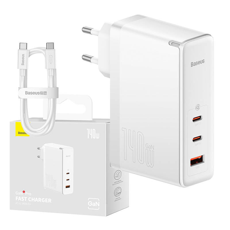 Wall charger Baseus GaN5 Pro 2xUSB-C + USB, 140W (white), Ładowarka sieciowa Baseus GaN5 Pro 2xUSB-C + USB, 140W (biała)