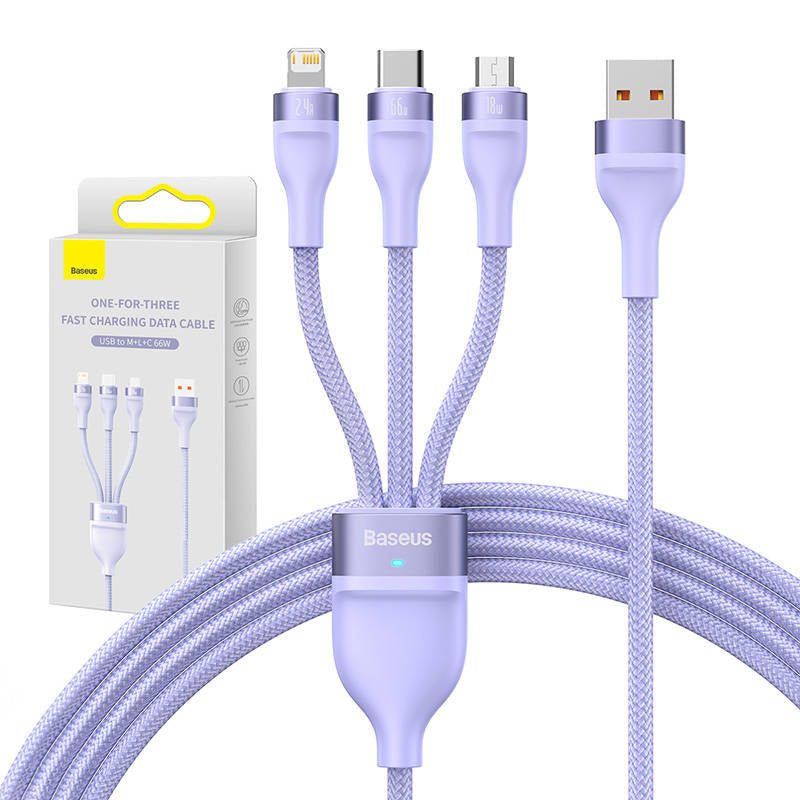 3in1 USB cable Baseus Flash II Series, USB-C + micro USB + Lightning, 66W, 1.2m (Purple), Kabel USB 3w1 Baseus Flash II, USB-C + micro USB + Lightning, 66W, 1.2m (fioletowy)