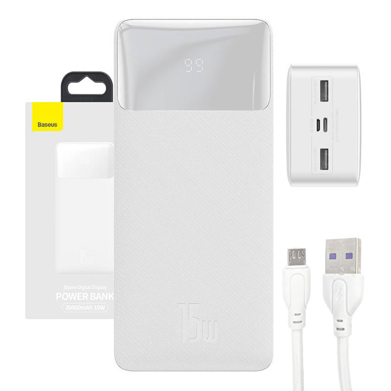 Powerbank Baseus Bipow 30000mAh, 15W (white), Powerbank Baseus Bipow 30000mAh, 2xUSB, USB-C, 15W (biały)