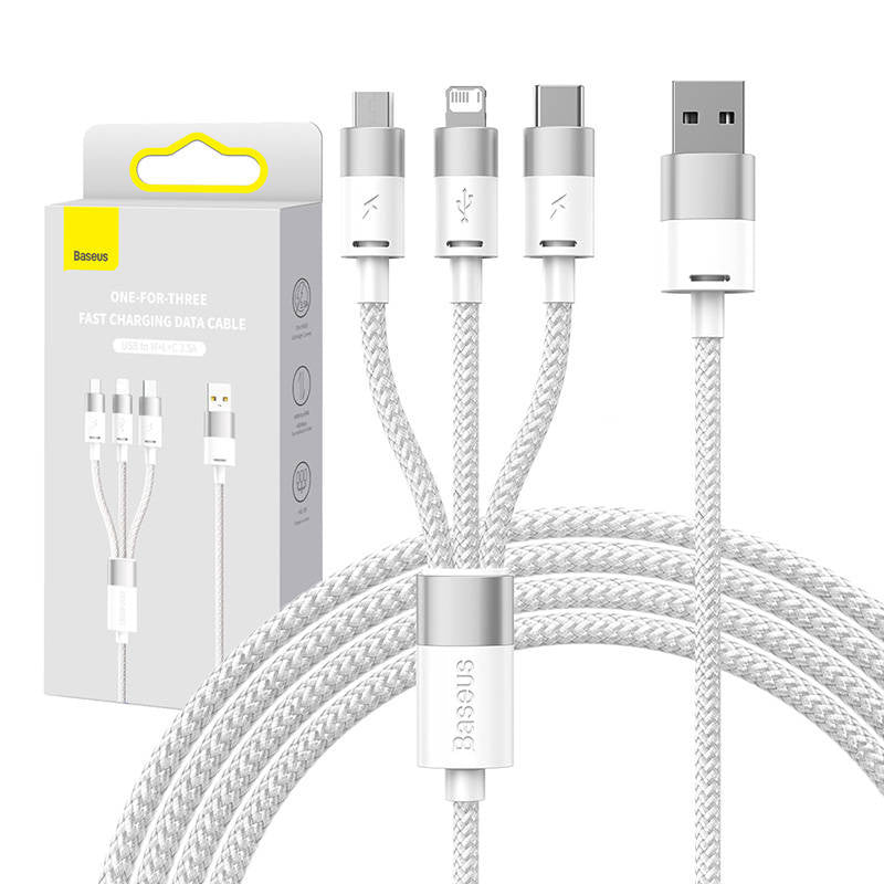 3in1 USB cable Baseus StarSpeed Series, USB-C + Micro + Lightning 3,5A, 1.2m (White), Kabel USB 3w1 Baseus StarSpeed, USB-C + micro USB + Lightning, 3,5A, 1.2m (biały)