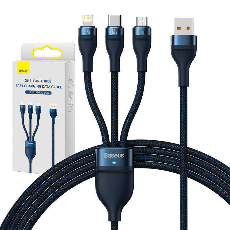 3in1 USB cable Baseus USB 3in1 Baseus Flash Series,  USB-C + Micro + Lightning 66W, 1.2m (blue), Kabel USB 3w1 Baseus Flash Series, USB-C + micro USB + Lightning, 66W, 1.2m (niebieski)