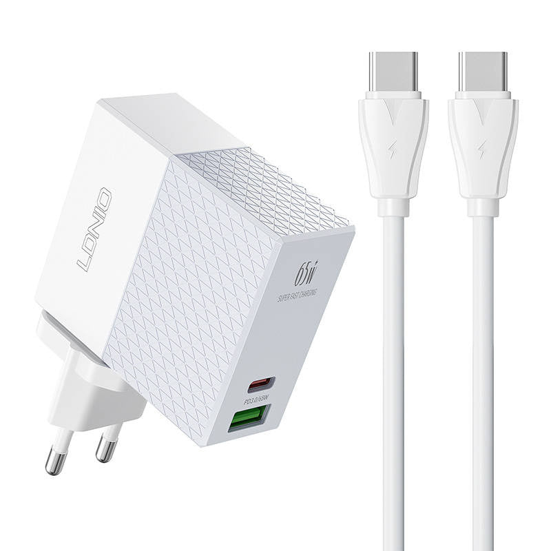 Wall charger LDNIO A2620C USB, USB-C 65W + USB-C - USB-C cable, Ładowarka sieciowa LDNIO A2620C USB, USB-C 65W + kabel USB-C - USB-C