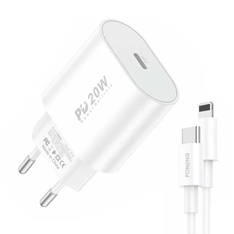 Fast charger Foneng 1x USB PD 3.0 EU39 20W + USB C to Lightning, Ładowarka sieciowa Foneng EU39 20W, 1x USB, PD 3.0 + Kabel USB C do Lightning