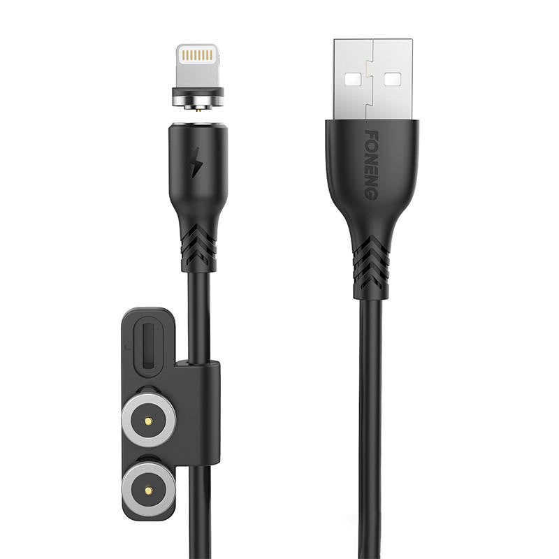 Foneng X62 Magnetic 3in1 USB to USB-C / Lightning / Micro USB Cable, 2.4A, 1m (Black), Kabel magnetyczny 3w1 USB do USB-C / Lightning / Micro USB Foneng X62, 2.4A, 1m (czarny)