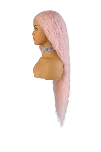 Sintetinis rožinis garbanotas perukas