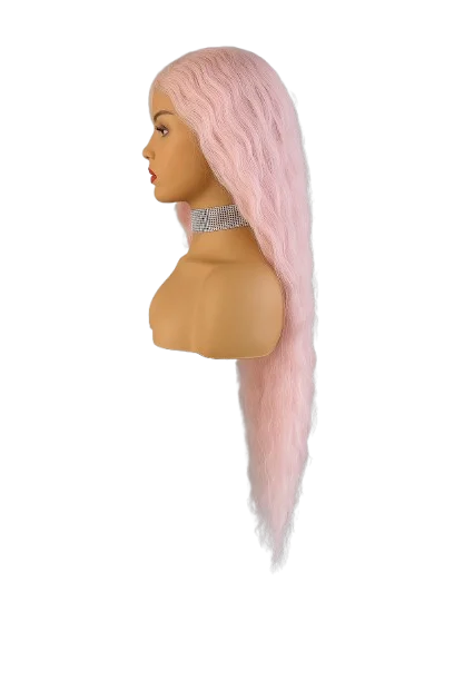 Sintetinis rožinis garbanotas perukas