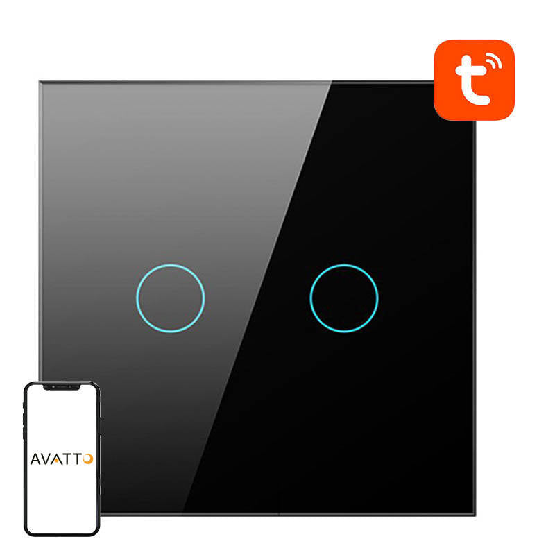 Smart Light Switch ZigBee Avatto LZTS02-EU-B2 2 Way No Neutral TUYA (black), Dotykowy Włącznik Światła ZigBee Avatto LZTS02-EU-B2 Podwójny Bez Neutralnego TUYA (czarny)