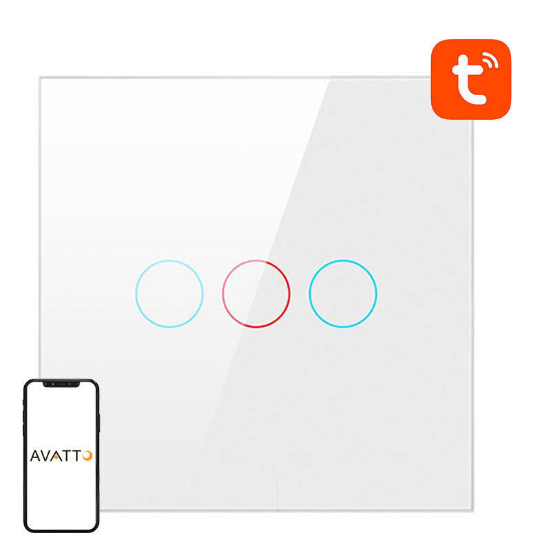 Smart Light Switch ZigBee Avatto LZTS02-EU-W3 3 Way No Neutral TUYA (white), Dotykowy Włącznik Światła ZigBee Avatto LZTS02-EU-W3 Potrójny Bez Neutralnego TUYA (biały)