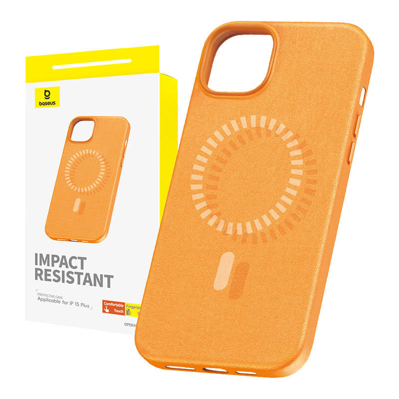 Magnetic Phone Case for iPhone 15 Plus Baseus Fauxther Series (Orange), Magnetyczne Etui na telefon iPhone 15 Plus Baseus Fauxther Series (Pomarańczowe)