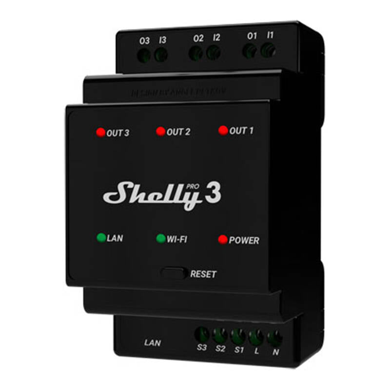 Shelly Pro 3 DIN Rail 3-channel Relay, WiFi/LAN, 3-kanałowy przekaźnik na szynę DIN Shelly Pro 3 WiFi/LAN